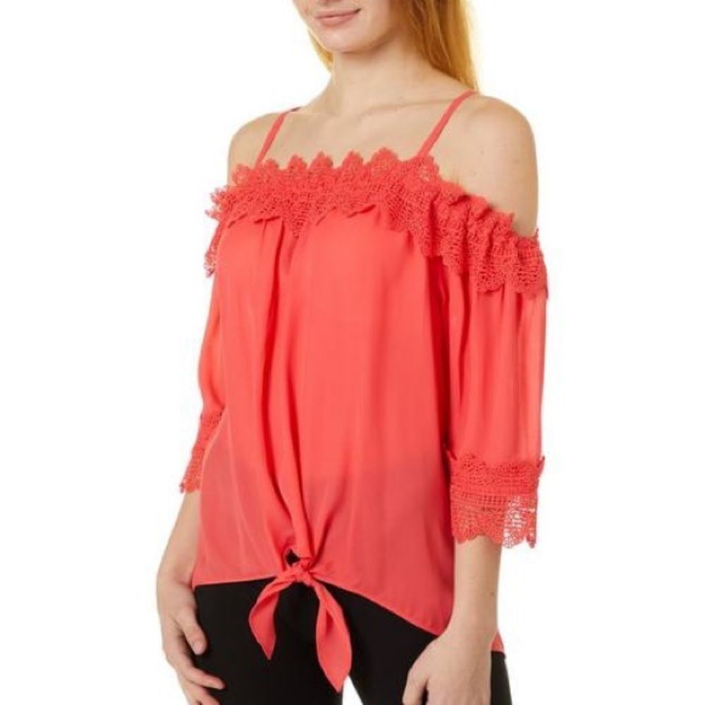 NEW Coral Pink Lace Trim Tie Front Top Blouse